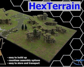 May include: A green and brown terrain mat with hexagonal tiles. The mat is made of foam and has a realistic texture. The mat is designed for use with miniature wargames and role-playing games. The mat is 5.1 inches (13 cm) wide and 2 inches (5 cm) tall. The mat is easy to build up, has countless assembly options, and is easy to store and transport.