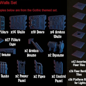 May include: A set of 3D printed miniature building pieces for tabletop gaming. The set includes walls, doors, pillars, beams, tanks, power panels, pipes, control panels, and floor tiles. The pieces are designed in a Gothic style.
