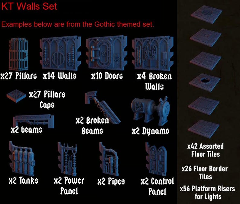 May include: A set of 3D printed miniature building pieces for tabletop gaming. The set includes walls, doors, pillars, beams, tanks, power panels, pipes, control panels, and floor tiles. The pieces are designed in a Gothic style.