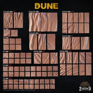 May include: A collection of square bases and toppers with a desert dune texture. The set includes various sizes, such as 60x100 mm, 150x100 mm, and smaller squares, perfect for miniature gaming or model building. The word "DUNE" is at the top.