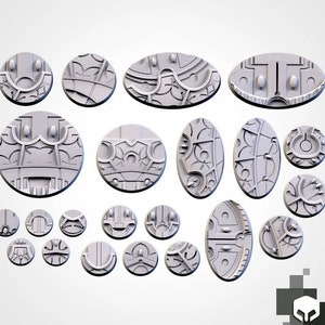 May include: A set of 19 round and oval-shaped plastic bases for miniature figures. The bases feature intricate designs with a steampunk aesthetic. The bases are in various sizes and are perfect for tabletop gaming.