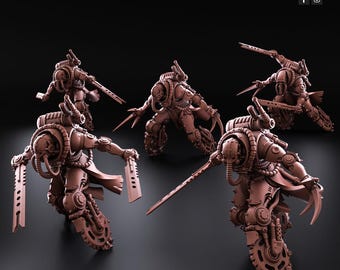 May include: Five brown, futuristic robot figures with detailed mechanical designs. Each figure has a backpack, claw-like hands, and various weapon attachments. The figures are posed dynamically, suggesting action, against a dark background. The Redmakers logo is in the top right corner.
