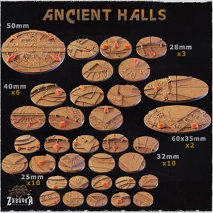 May include: A collection of brown, textured miniature bases for tabletop gaming, labeled "Ancient Halls." Sizes range from 25mm to 60x35mm, with quantities noted. Each base features intricate designs and orange accents, suitable for miniature figures.