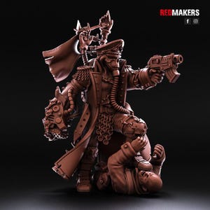 May include: A brown figurine of a skeletal figure in a military-style coat and hat, holding a gun and standing over another figure. The figurine has intricate details, including chains, a cape, and mechanical arm. The Redmakers logo is in the top right corner.