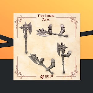 May include: Four two-handed axes are displayed against a beige background with decorative borders. The axes have ornate, spiked heads and detailed handles. The text "Two handed Axes" is at the top. The GreyTide Studio logo is at the bottom.