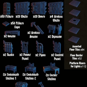 May include: A set of 3D printed miniature walls and accessories for tabletop gaming. The set includes walls, doors, pillars, beams, tanks, power panels, pipes, control panels, command stations, corner stations, a holo projector, door blockers, floor tiles, floor borders, and platform risers for lights. The set is themed with a Gothic design.