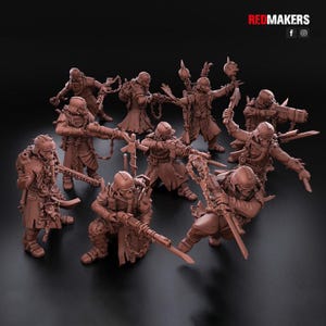 May include: A group of brown miniature figures, possibly for tabletop gaming, are depicted in various action poses. Each figure is clad in detailed armor and carries weapons, including rifles and bladed tools. The figures have a post-apocalyptic or sci-fi theme.