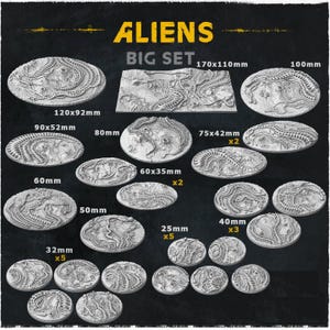 May include: A collection of silver-colored alien-themed bases in various sizes, including 170x110mm, 100mm, 120x92mm, 90x52mm, 80mm, 75x42mm, 60mm, 60x35mm, 50mm, 40mm, 32mm, and 25mm. The bases feature detailed alien creature designs and are labeled "ALIENS BIG SET."