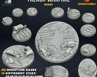 Puede incluir: 25 bases en miniatura de 10 tamaños diferentes para juegos de mesa. Las bases están hechas de resina gris y presentan un tema de guerra de trincheras con sacos de arena, tablones de madera y escombros. Las bases son magnetizables.