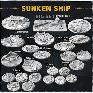 May include: A collection of miniature sunken ship terrain pieces. The set includes various sizes, with the largest piece measuring 170mm x 110mm. The pieces feature detailed designs of ship wreckage, including wooden planks and debris. The text "SUNKEN SHIP" is at the top.