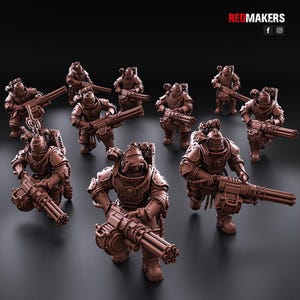 May include: A group of brown miniature figurines of armored soldiers, each holding a large gun. The figures are detailed with helmets, backpacks, and other gear. The background is dark, and the figures are evenly lit.