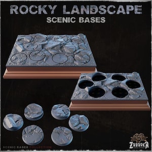May include: Gray rocky landscape scenic bases with a brown base. The image shows two square bases with circular cutouts and several individual round bases. The text "ROCKY LANDSCAPE SCENIC BASES" is at the top of the image.