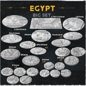 May include: A collection of gray, detailed, miniature Egyptian-themed terrain pieces. The set includes various shapes and sizes, with the largest piece measuring 170mm x 110mm. The pieces feature hieroglyphs and ancient Egyptian architectural designs.