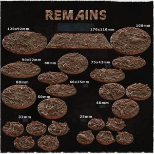 May include: A set of 12 round resin bases featuring a bone and skull theme. The bases range in size from 25mm to 170mm x 110mm. The bases are perfect for tabletop gaming or miniature painting.