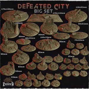 May include: A collection of miniature terrain pieces for tabletop gaming, featuring a "Defeated City" theme. The set includes various sizes and shapes of ruined buildings and structures, with measurements ranging from 25mm to 170x110mm. The pieces are in a muted, earthy tone.