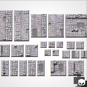 May include: A set of 18 gray and white textured square tiles with various designs, including sewer grates, cobblestones, and brick patterns. The tiles are designed for use in tabletop games and role-playing games.