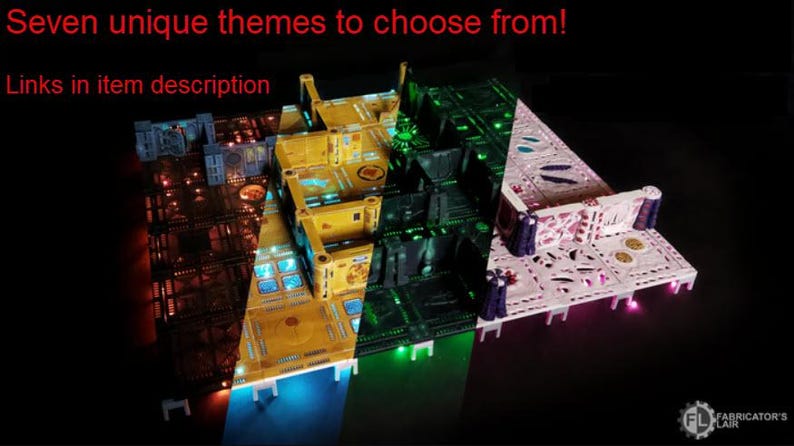 May include: Seven unique themes of a 3D printed modular tile set for tabletop gaming. The tiles are lit up in different colors, including red, yellow, green, blue, and pink.  The tiles are made of a white plastic material and have a detailed design.