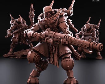 May include: Brown miniature figures of futuristic soldiers, each armed with large rifles and detailed armor. The figures have a mechanical aesthetic, with visible pipes, chains, and intricate designs. The Redmakers logo is in the top right corner.