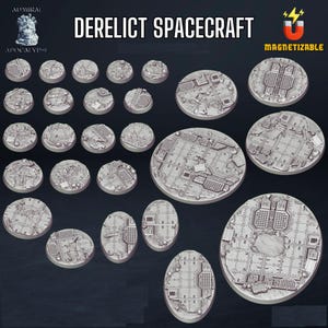 May include: A set of 17 round and oval-shaped plastic bases for miniature wargaming. The bases feature a detailed, textured design of a derelict spacecraft. The bases are magnetizable.