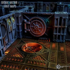 May include: A detailed model of a Gothic Sector Lost Ships set for tabletop gaming. The set features a metal vault door with a round, circular lock, and a metal grate floor with a glowing orange light underneath. The set is made of high-quality materials and is perfect for any tabletop gamer.