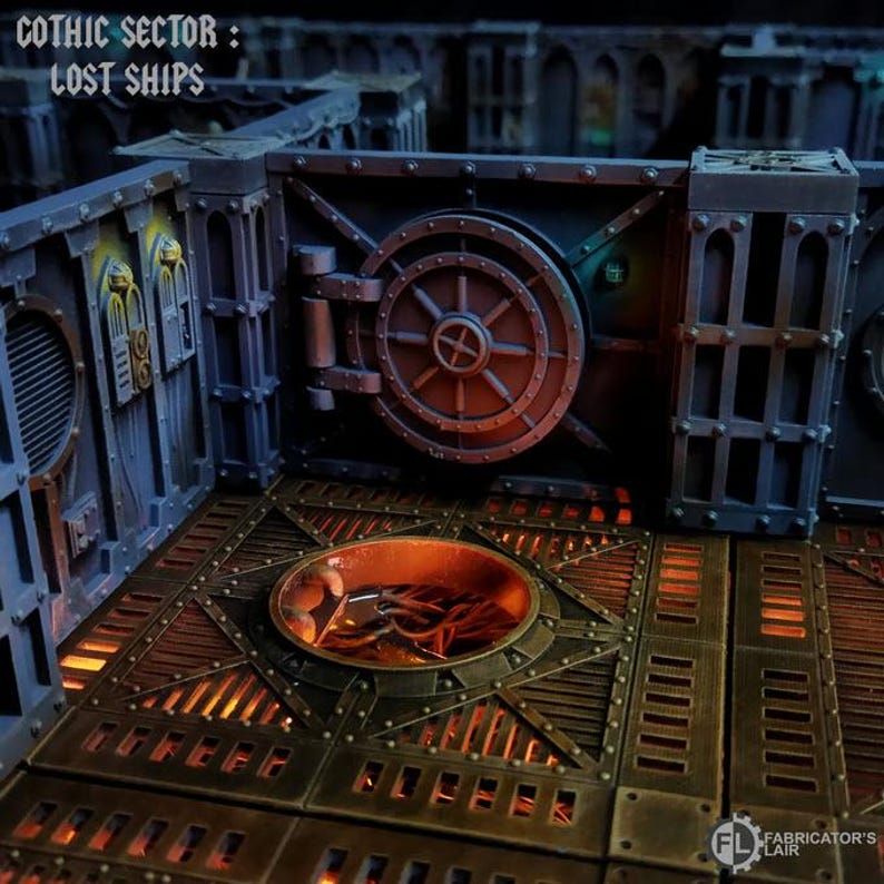 May include: A detailed model of a Gothic Sector Lost Ships set for tabletop gaming. The set features a metal vault door with a round, circular lock, and a metal grate floor with a glowing orange light underneath. The set is made of high-quality materials and is perfect for any tabletop gamer.