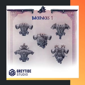 May include: Five gray miniature backpacks with intricate designs, displayed against a light background. The text "BACKPACKS 1" is at the top, and the "GREYTIDE STUDIO" logo is at the bottom. Each backpack has a unique shape and detailing.