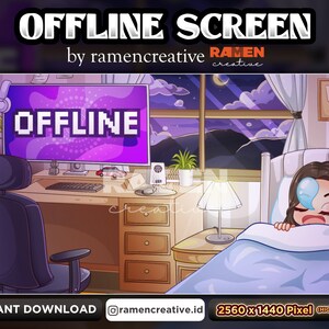 May include: Digital illustration featuring the text "OFFLINE SCREEN". The artwork shows a bedroom scene with a computer displaying "OFFLINE". A person is in bed, looking unwell. The image includes a desk, chair, and a window with a night sky view.