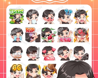 Twitch-emotes jongen: zwart haar, middelste deel, zwarte ogen-emotes - 18 emotes (digitale download)