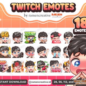 Boy Twitch Emotes , 18 Boy Emotes, Twitch Emotes, Discord Emotes, YouTube Emotes, Male Emotes, (Blue eyes | Black Hair | Black Shirt)