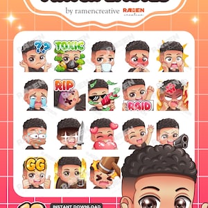 Pode incluir: Uma imagem promocional para emotes do Twitch. A imagem apresenta 18 emotes de desenhos animados diferentes com várias expressões e temas, incluindo "Toxic", "RIP" e "GG". O texto "TWITCH EMOTES" está no topo, com "by ramencreative" abaixo. A imagem também inclui o texto "INSTANT DOWNLOAD".