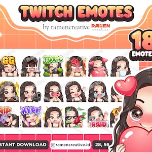 女の子の Twitch 絵文字、18 個のちびガール絵文字、Twitch 絵文字、Discord 絵文字、女性の絵文字、(黒い目 | 黒のセンター分けの髪 | 黒のトップス)