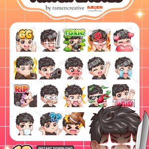 Emoticones de Twitch para chico: Cabello negro, Ojo negro - Paquete de 18 (Descarga digital)