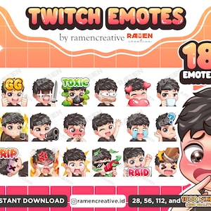 Boy Twitch Emotes , 18 Boy Emotes, Twitch Emotes, Discord Emotes, YouTube Emotes, Male Emotes, (Brown eyes | Black Hair | Black Shirt)