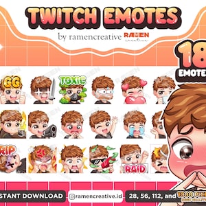 Boy Twitch Emotes , 18 Boy Emotes, Twitch Emotes, Discord Emotes, YouTube Emotes, Male Emotes, (Brown eyes | Brown Hair | Black Shirt)