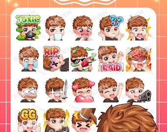 Twitch-emotes jongen: bruin haar, zwarte ogen-emotes - 18 emotes (digitale download)