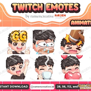 Animated Boy Twitch Emotes , 6 Boy Animated Emotes, Twitch Emotes, Discord Emotes, Male Emotes, (Brown eyes | Black Hair | Black Shirt)