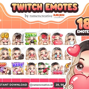 女の子の Twitch 絵文字、18 個のちびガール絵文字、Twitch 絵文字、Discord 絵文字、女性の絵文字、(黒い目 | 金髪黒髪 | 黒いトップス)