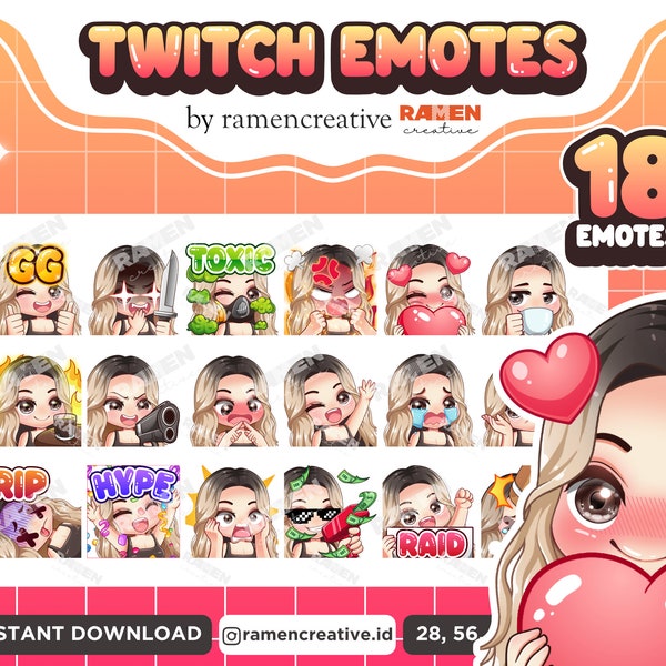 Girl Twitch Emotes , 18 Chibi Girl Emotes, Twitch Emotes, Discord Emotes, Female Emotes, (Black eyes | Blonde Black Hair | Black Top )