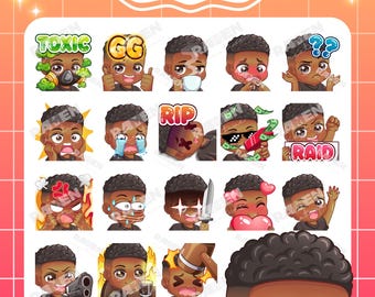 Twitch-emotes voor jongens: zwart haar, afrohaar, zwarte huid-emotes - 18 emotes (digitale download)