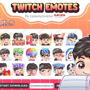 Boy Twitch Emotes Vol. 2, 18 Boy Emotes, Twitch Emotes, Discord Emotes, YouTube Emotes, Male Emotes, (Brown eyes | Black Hair | Black Shirt)