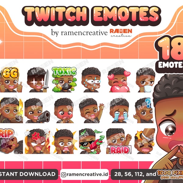 Boy Twitch Emotes , 18 Boy Emotes, Twitch Emotes, Discord Emotes, YouTube Emotes, Male Emotes, (Yeux noirs | Cheveux noirs | Peau noire)