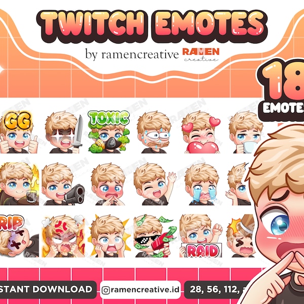 Boy Twitch Emotes , 18 Boy Emotes, Twitch Emotes, Discord Emotes, YouTube Emotes, Male Emotes, (Yeux bleus | Cheveux blonds | Chemise noire)