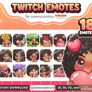 Girl Afro Twitch Emotes , 18 Chibi Girl Emotes, Twitch Emotes, Discord Emotes, Female Emotes, (Black eyes | Blonde Black Hair | Black Top )