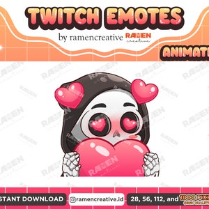 May include: Animated Twitch emote featuring a cartoon skeleton wearing a black hooded robe and holding a large pink heart. The skeleton has blushing cheeks and heart-shaped eyes. The text "RAJEN creative" is visible in the image.