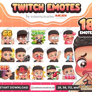 Boy Twitch Emotes , 18 Boy Emotes, Twitch Emotes, Discord Emoji Emotes, YouTube Emotes, Male Emotes, (Curly  Black Hair | Tan or Asian Skin)