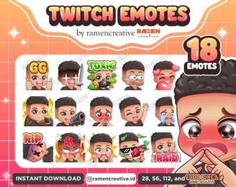 Boy Twitch Emotes , 18 Boy Emotes, Twitch Emotes, Discord Emoji Emotes, YouTube Emotes, Male Emotes, (Curly  Black Hair | Tan or Asian Skin)