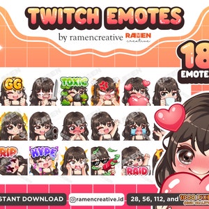 女の子の Twitch 絵文字、18 個のちびガール絵文字、Twitch 絵文字、Discord 絵文字、女性の絵文字、(黒い目 | 黒い髪 | 黒いトップス)