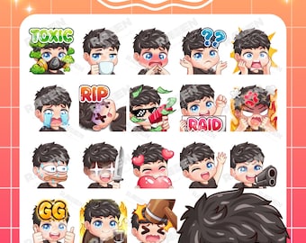Twitch-emotes jongen: zwart haar, blauwe ogen-emotes - 18 emotes (digitale download)