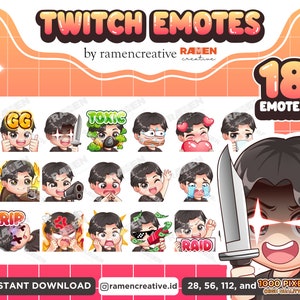 Boy Twitch Emotes , 18 Boy Emotes, Twitch Emotes, Discord Emotes, Male Emotes, (Black eyes | Black Hair | Black Shirt | Middle Parted Hair)