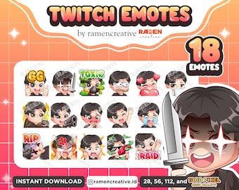 Boy Twitch Emotes , 18 Boy Emotes, Twitch Emotes, Discord Emotes, Male Emotes, (Black eyes | Black Hair | Black Shirt | Middle Parted Hair)